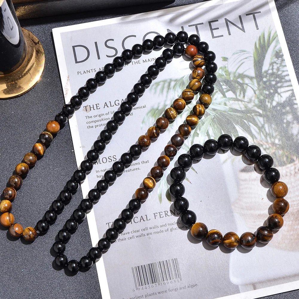 Collier long et bracelet en Œil de Tigre & Onyx