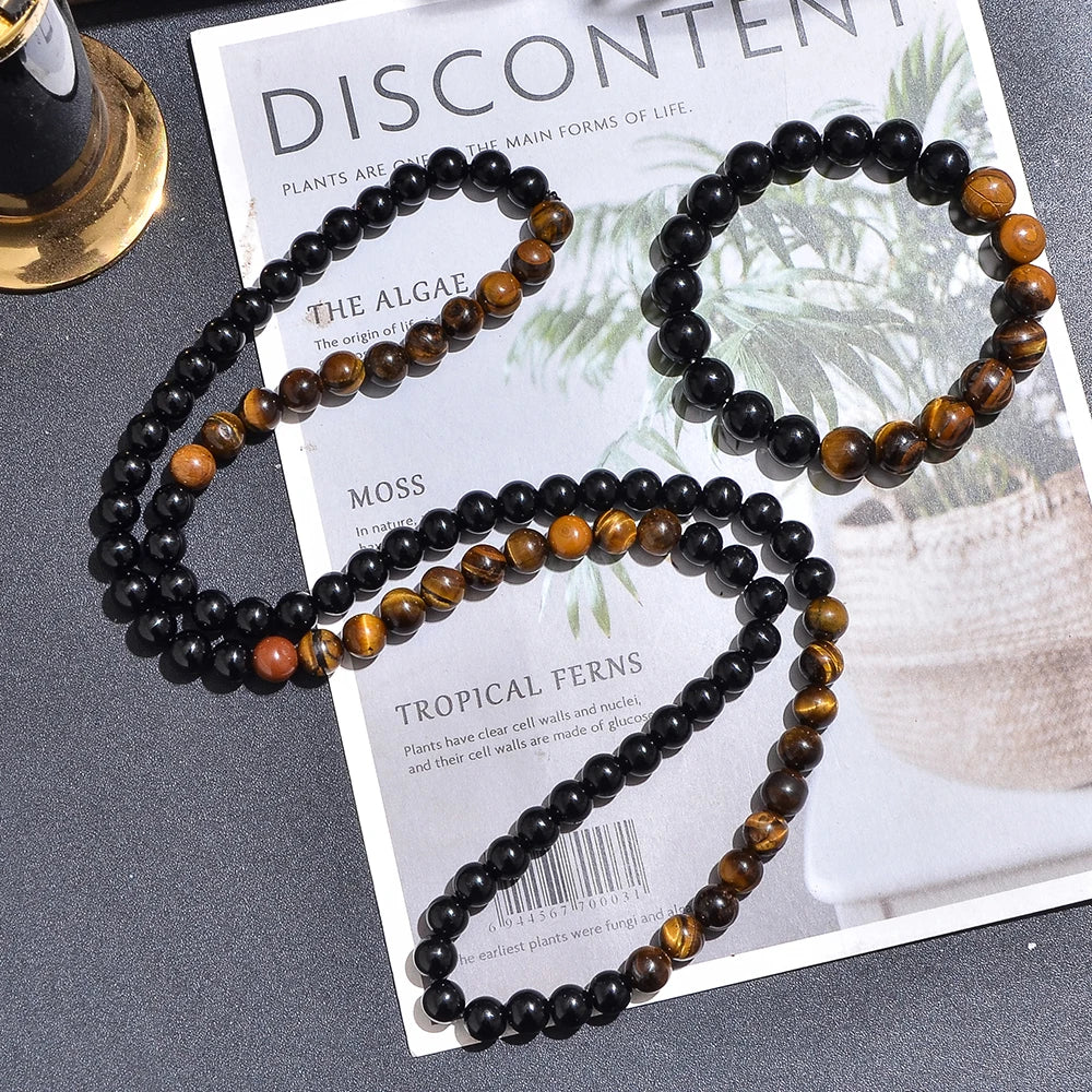 Collier long et bracelet en Œil de Tigre & Onyx
