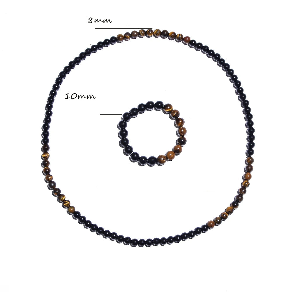 Collier long et bracelet en Œil de Tigre & Onyx